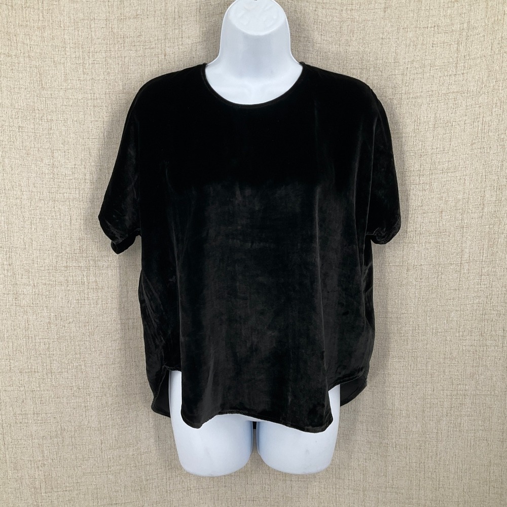 Madewell Velvet Top Women XS Black Silk Blend Short Sleeve Boxy‎ Minimalist
